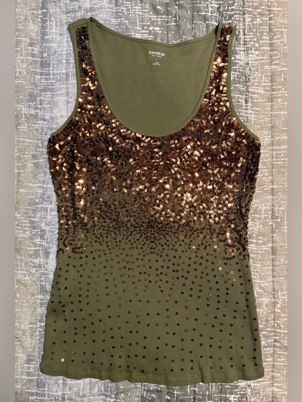 Express - Olive Green Sequin Scoop Tank Top